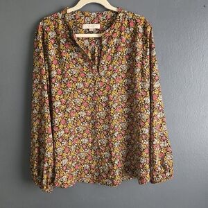LOFT Pink and Yellow Floral V-Neck Long Sleeve Blouse XL